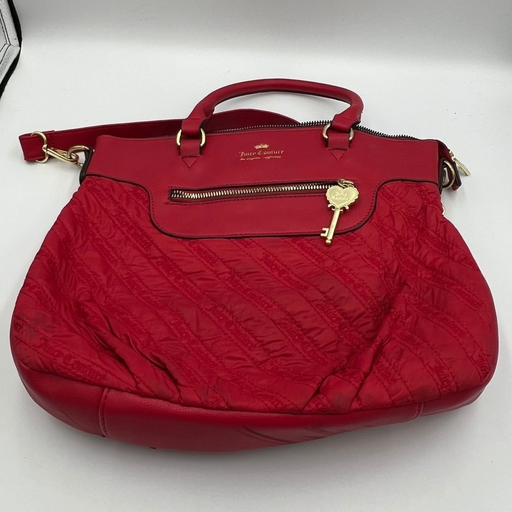 Juicy Couture Satchel Bag Women Large Red Good Quilted Nylon Crossbody Key Charm - Picture 2 of 11